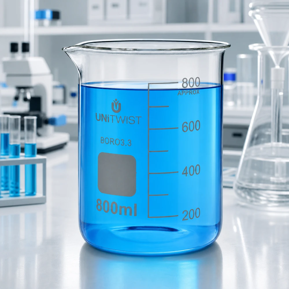Bicchiere da laboratorio UNiTWIST da 800 ml in borosilicato, forma bassa, con liquido blu al suo interno
