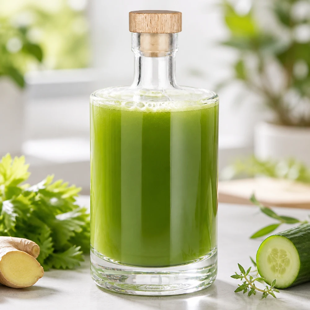 Bottiglia in vetro da 500 ml 500ml Glasflasche "Marie" mit Holzgriff-Korken UNiTWIST con tappo in sughero con impugnatura in legno UNiTWIST® Bottiglia in vetro da 500 ml Marie riempita di succo di verdure verdi - tappo in legno - foto lifestyle con cetriolo e zenzero