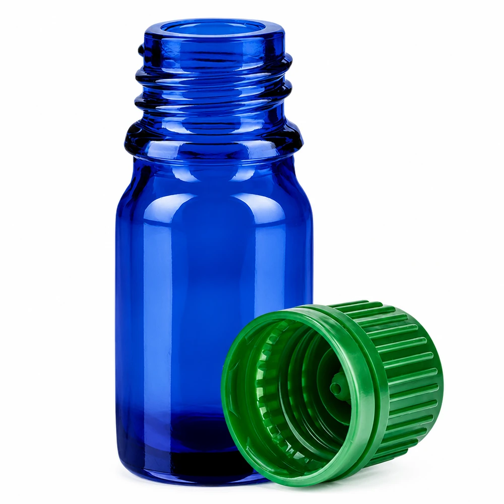 Pratico flacone in vetro da 5 ml in blu cobalto con tappo a vite, per viaggiare e per l'uso.