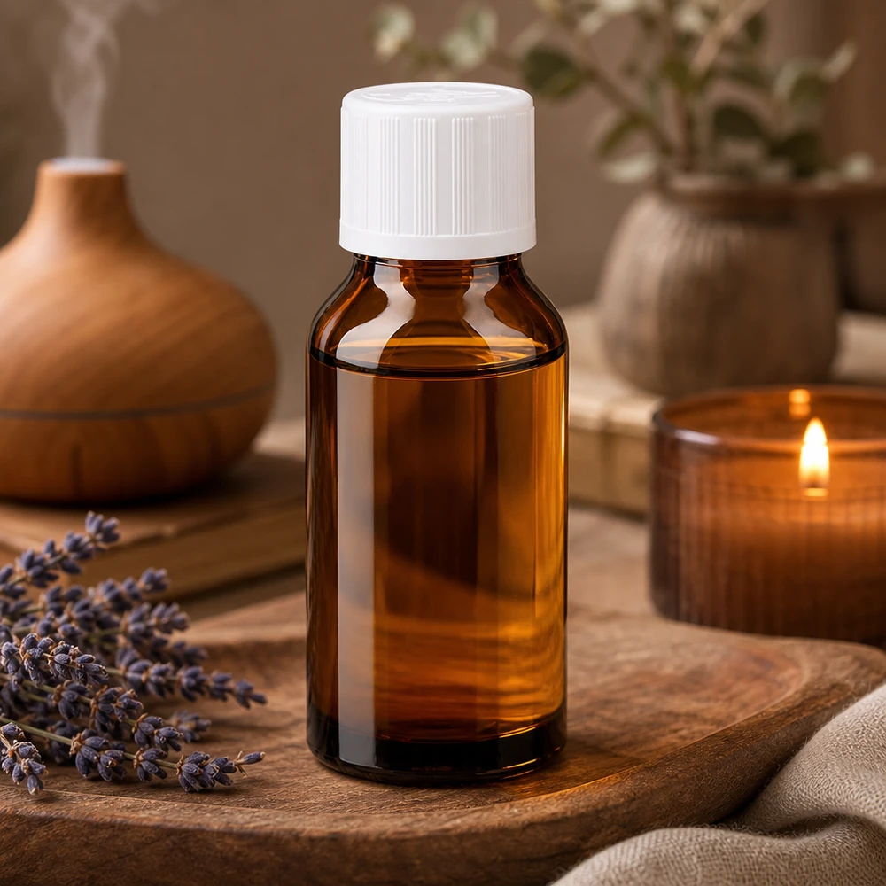 Bottiglia per farmacia marrone 15ml tappo a vite bianco KiSi St Fialetta in vetro ambrato per aromaterapia da 15 ml con tappo di sicurezza bianco a prova di bambino, accanto a una candela e alla lavanda