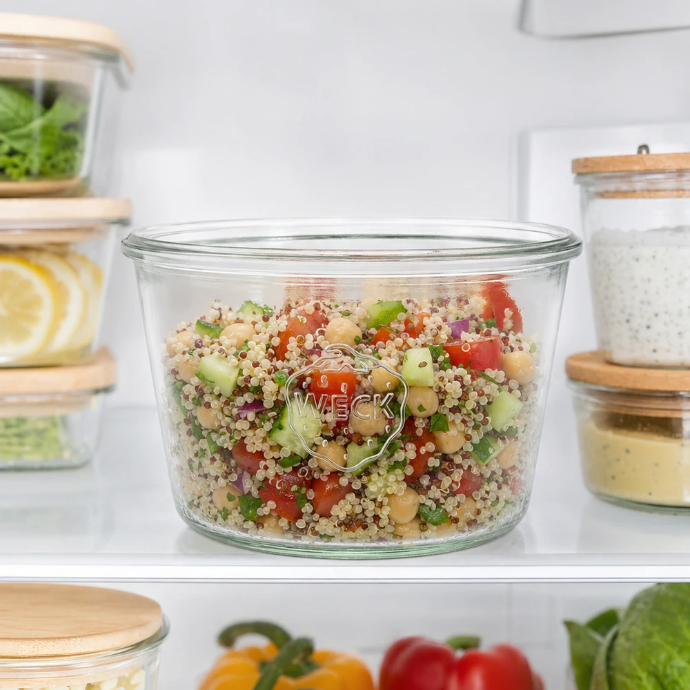 Bicchieri da 370 ml WECK RR100 Vaso WECK RR100 da 370 ml riempito di insalata di quinoa in frigorifero per la preparazione e la conservazione dei pasti