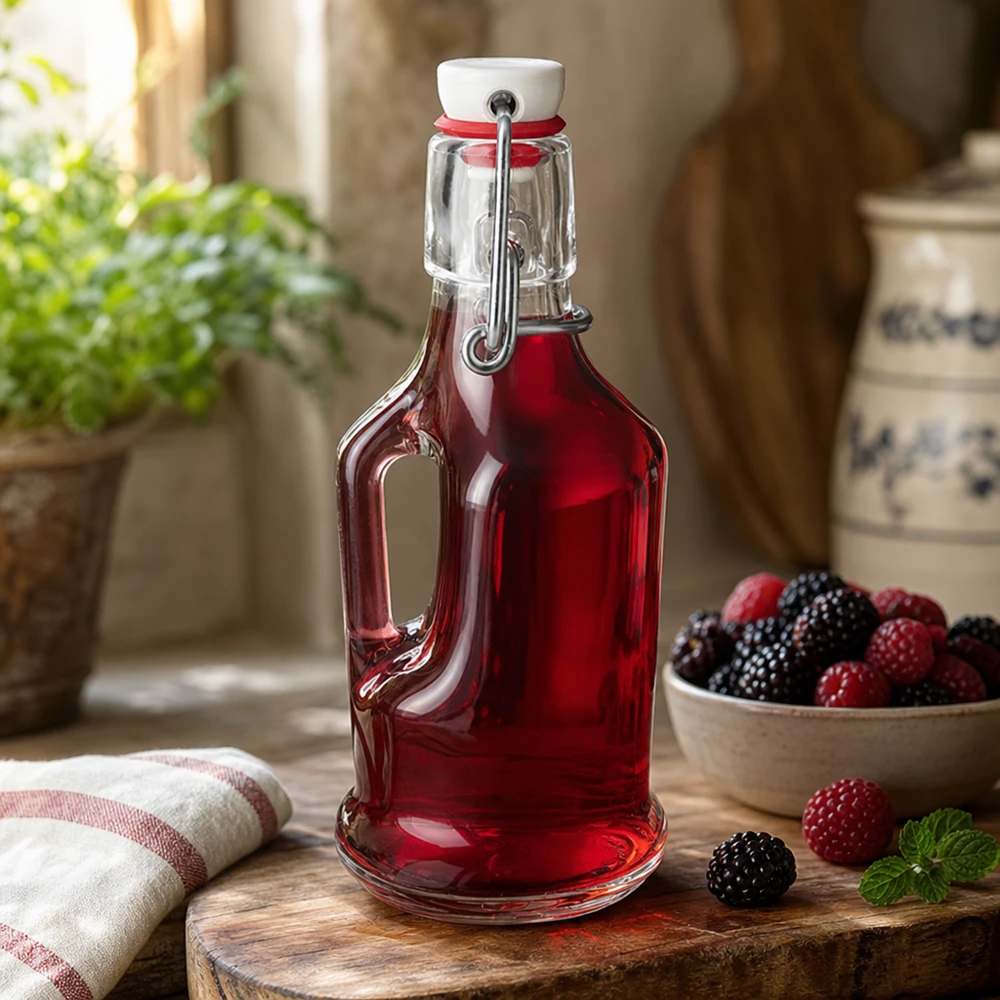 Bottiglia in vetro da 200 ml Bertha e tappo a clip in porcellana UNiTWIST® Bottiglia da 200 ml in vetro Bertha con ripieno di bacche rosse scena lifestyle cucina ambiente porcellana swing top UNiTW