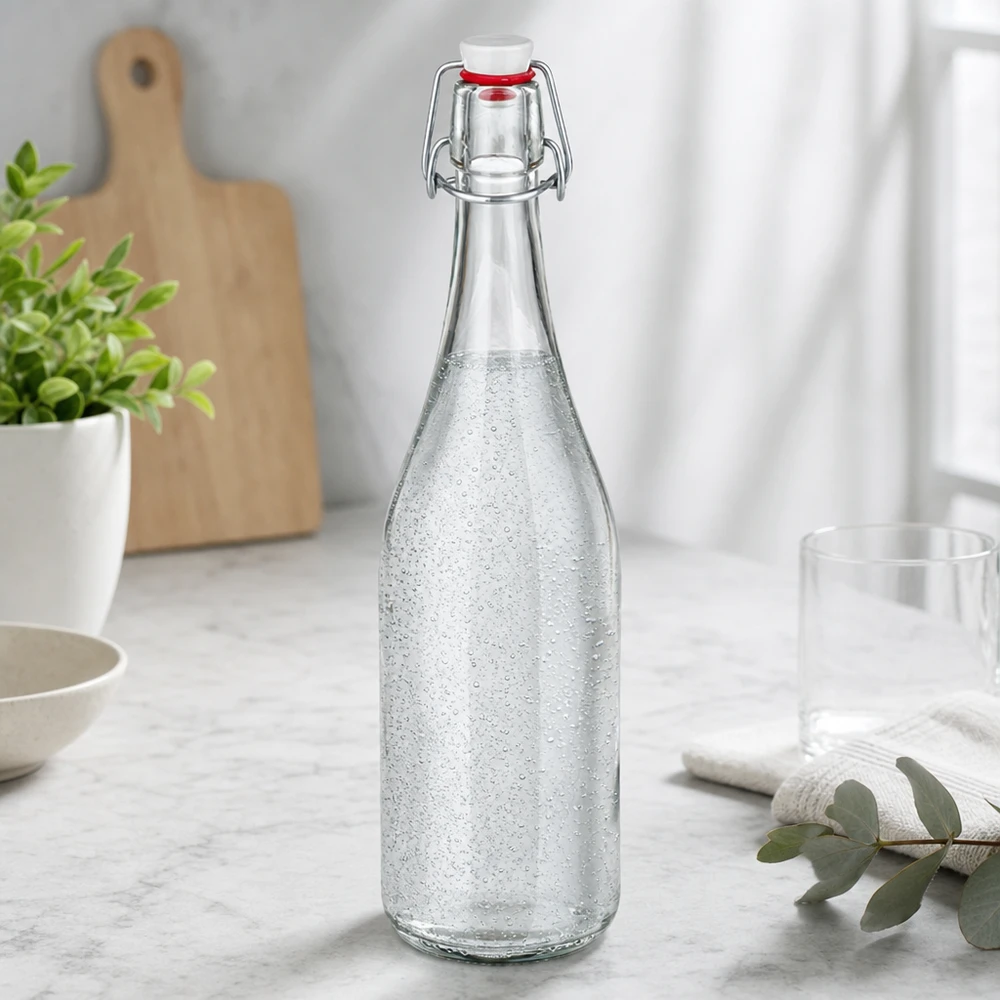 Bottiglia in vetro da 750 ml con tappo girevole riempita di acqua frizzante Scenario cucina piano di lavoro in marmo moderno