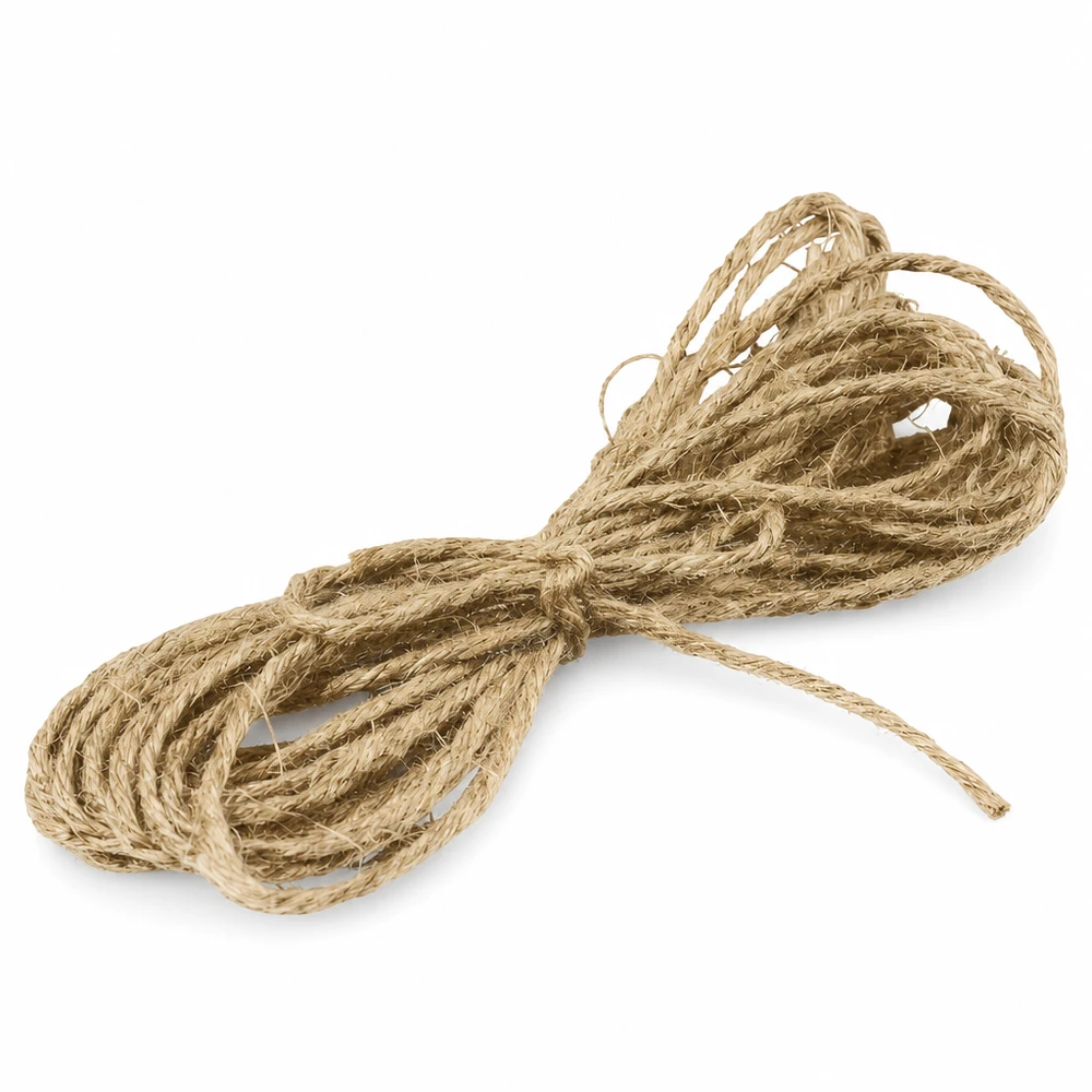 Cordoncino di iuta naturale lungo 300 cm per decorazioni, arrotolato e annodato su sfondo bianco.