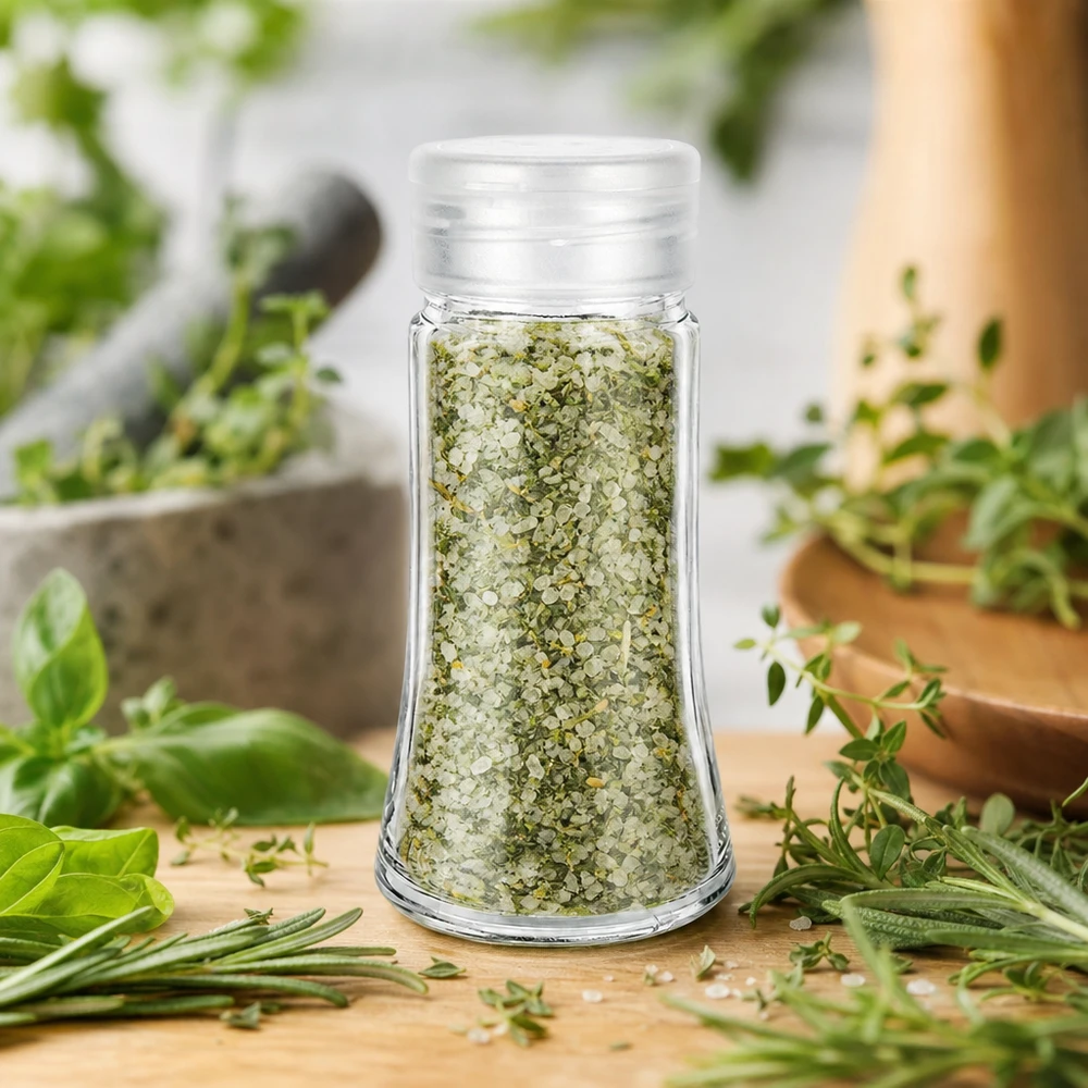Pot à sel/épices 95 ml avec saupoudreuse, blanc Befüllbares Salzstreuglas 95ml mit weißem Kunststoffdeckel zwischen frischem Basilikum und Salbei