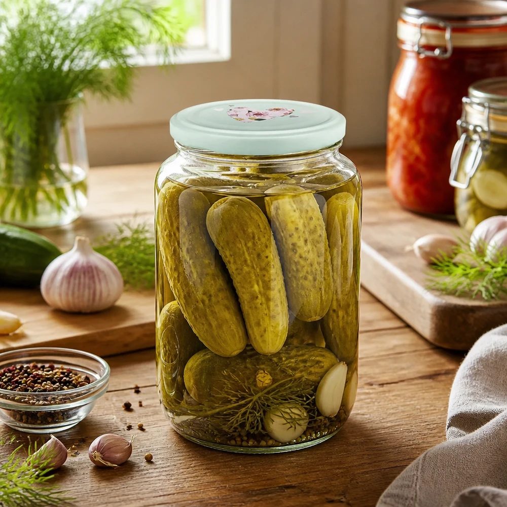 Barattolo rotondo da 795 ml pieno di cetriolini mostra il coperchio a forma di cuore di menta per conservare le verdure in una cucina rustica