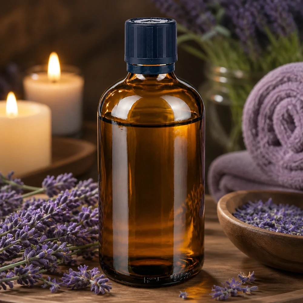 Flacon brun 100 ml avec bouchon compte-gouttes noir 1 mm, sécurité enfant Flacon de pharmacie en verre ambré de 100 ml avec bouchon à vis bleu, entre des fleurs de lavande et des bougies
