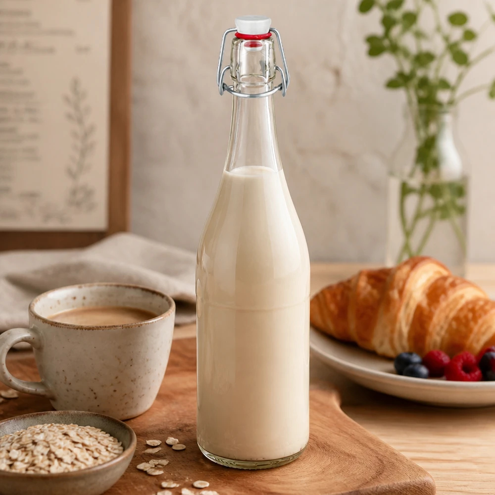 Bottiglia in vetro da 750 ml + tappo a battente in PVC UNiTWIST Bottiglia di vetro da 750 ml con tappo oscillante riempita di latte Scena di cucina colazione croissant fiocchi d'avena naturale