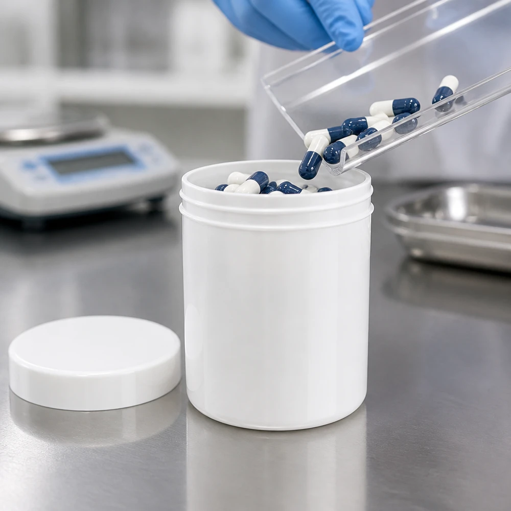 Pot cylindrique en PP de 100 g, blanc, avec couvercle à vis, lors du remplissage avec des gélules rigides
