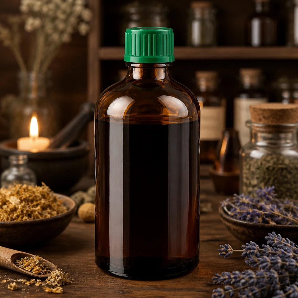 Pratico flacone in vetro ambrato da 100 ml con tappo verde sicuro, per l'uso quotidiano.