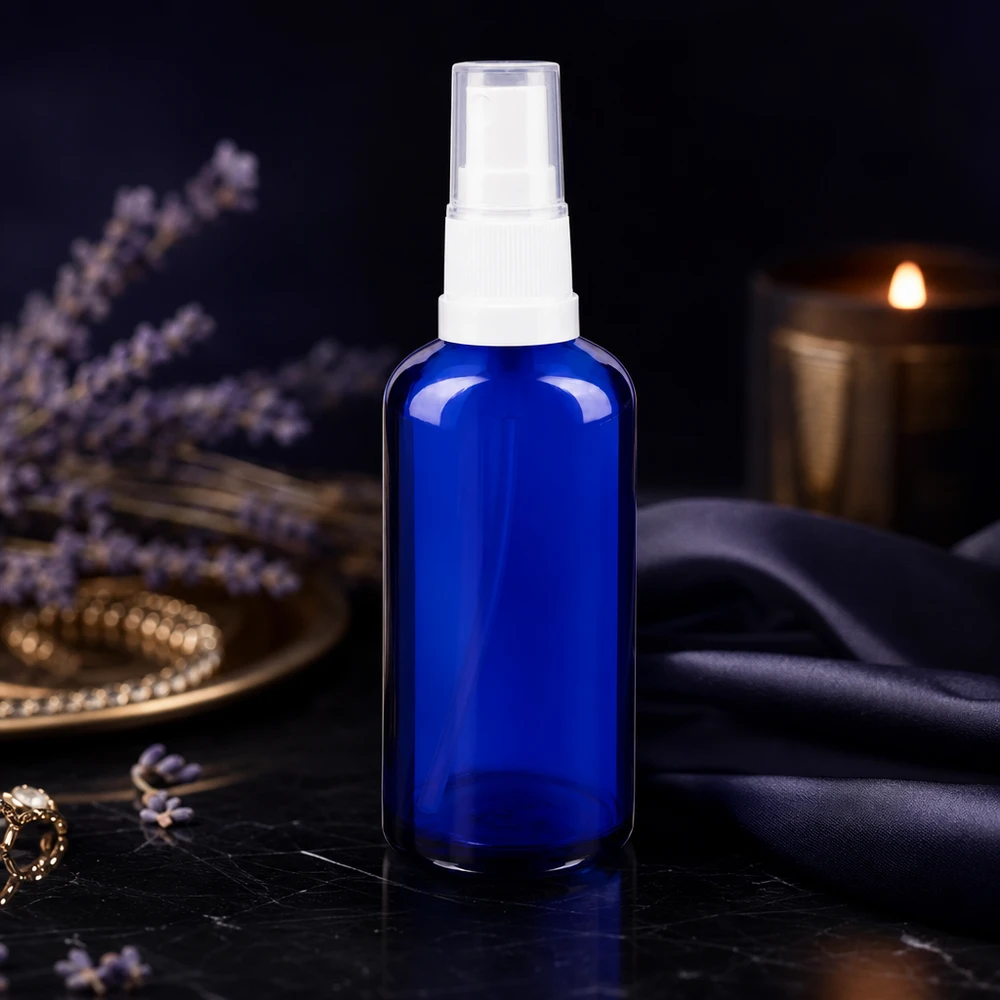 Apothekenflasche blau 50ml Sprayaufsatz weiß Lichtschutzglas Sprayflasche 50ml in Blau mit weißem Zerstäuber für ätherische Öle