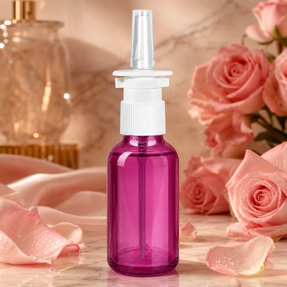 30ml Nasensprayflasche weiß/transparent Standard PurpleLine. UT18/30 Professionelle 30ml Nasensprayflasche in Purple mit Standard-Gewinde für Apotheken und Praxen