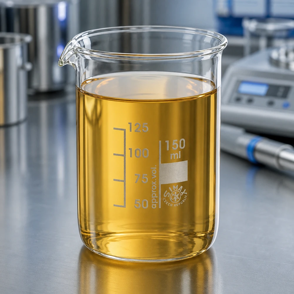 Bicchiere per chimica da 150 ml di forma bassa con soluzione ambrata sulla postazione di laboratorio