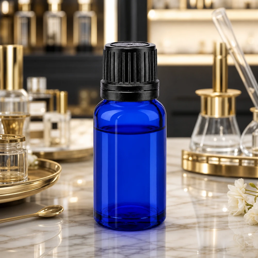 Apothekenflasche blau 10ml Schraubverschluss schwarz Giessring Originalitätsverschluss Dichte kobaltblaue 10ml GR-Flasche mit schwarzem OV-Aufsatz für UV-Schutz und Haltbarkeit