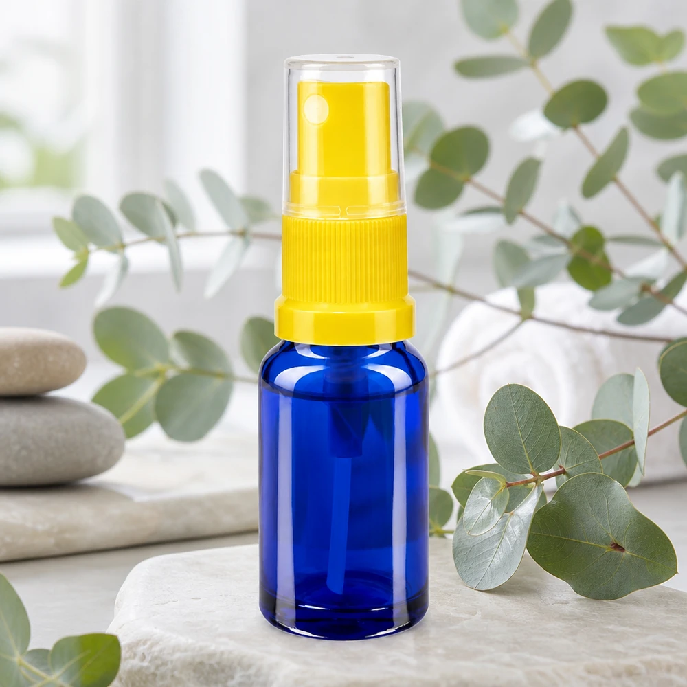 Apothekenflasche blau 10ml Sprayaufsatz gelb Hochwertiger 10ml ApoGlas Behälter blau mit Feinnebel Zerstäuber gelb und Schutzkappe