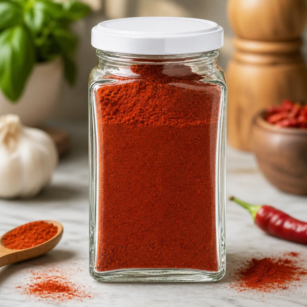 Barattolo quadrato da 260 ml riempito di paprika in polvere mostra l'uso pratico come barattolo per spezie con coperchio bianco