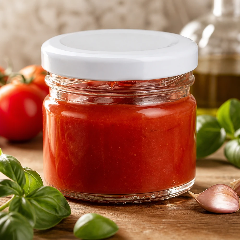 33ml Rundglas + BasicSeal Deckel weiss UNiTWIST Kleines Einmachglas 33ml UNiTWIST mit Tomatensauce Basilikum und Knoblauch auf Holzbrett