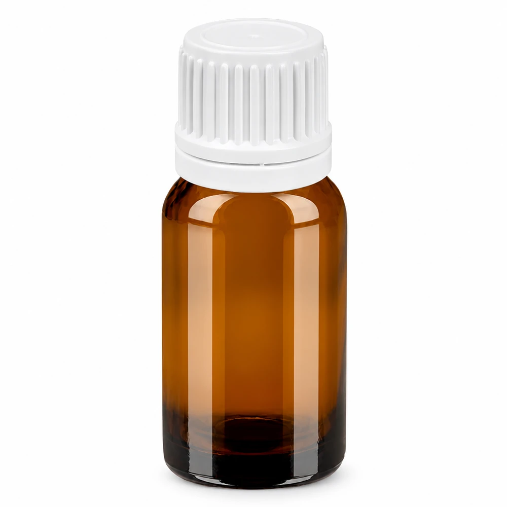 Flacone da 10 ml in vetro marrone con tappo a vite bianco per oli essenziali e cosmetici