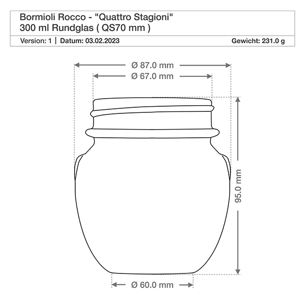 Barattolo rotondo "Quattro Stagioni" da 300 ml con coperchio Disegno tecnico 300ml bicchiere rotondo Quattro Stagioni con dimensioni e coperchio di Bormioli Rocco