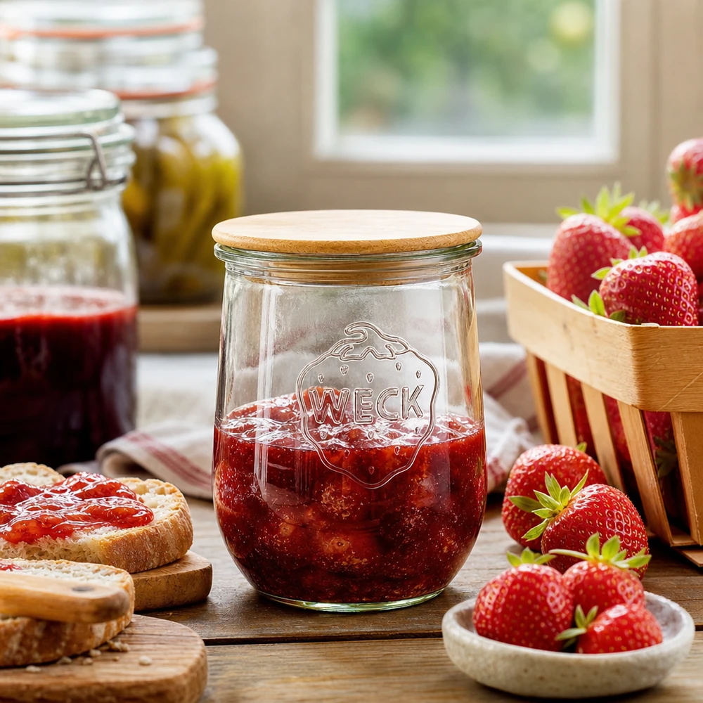 Barattolo WECK a tulipano RR100 1062ml con coperchio in legno pieno di marmellata di fragole sul tavolo della cucina con fragole fresche