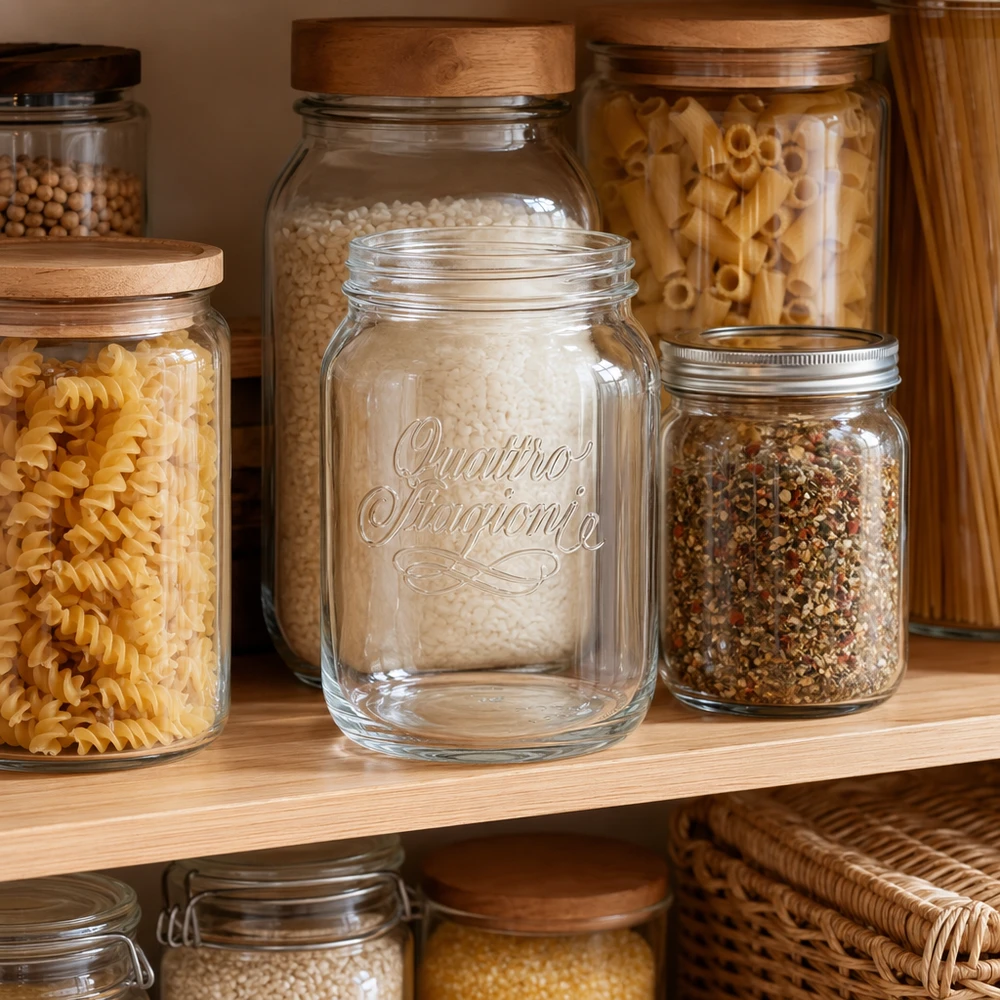 Vaso domestico "Quattro Stagioni" da 2000 ml Barattolo per uso domestico da 2000 ml Quattro Stagioni con coperchio a vite per la conservazione della pasta e delle spezie in cucina.