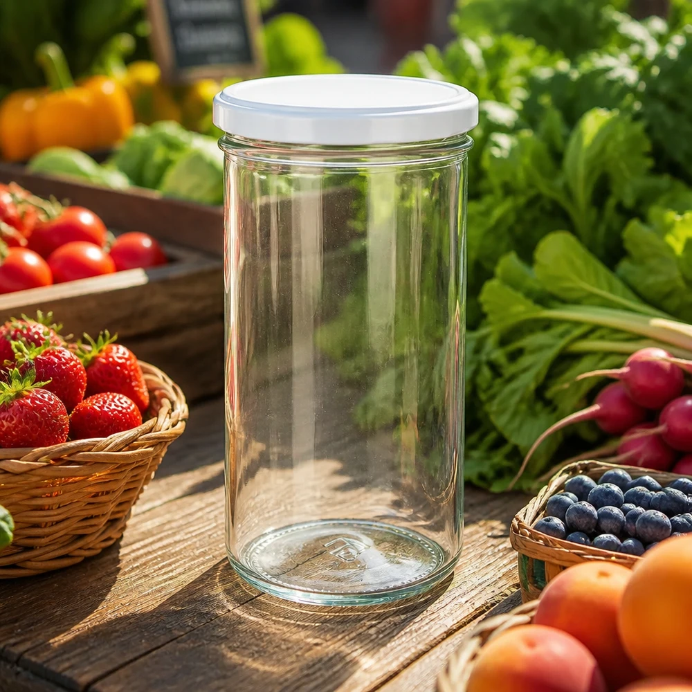 277ml Sturzglas mit BasicSeal Deckel weiß UNiTWIST 277ml Sturzglas mit weißem Deckel auf Holztisch umgeben von frischem Obst und Gemüse - ideal für Einkochen