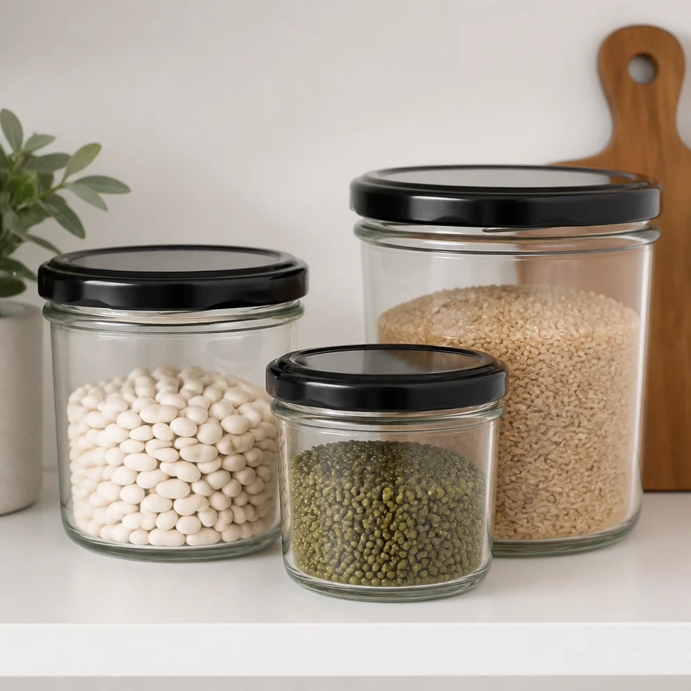 230ml Sturzglas mit BasicSeal Deckel schwarz UNiTWIST 230ml Sturzglas Größenvergleich mit verschiedenen Hülsenfrüchten und Reis zeigt ideale Portionierung für Vorratshaltung