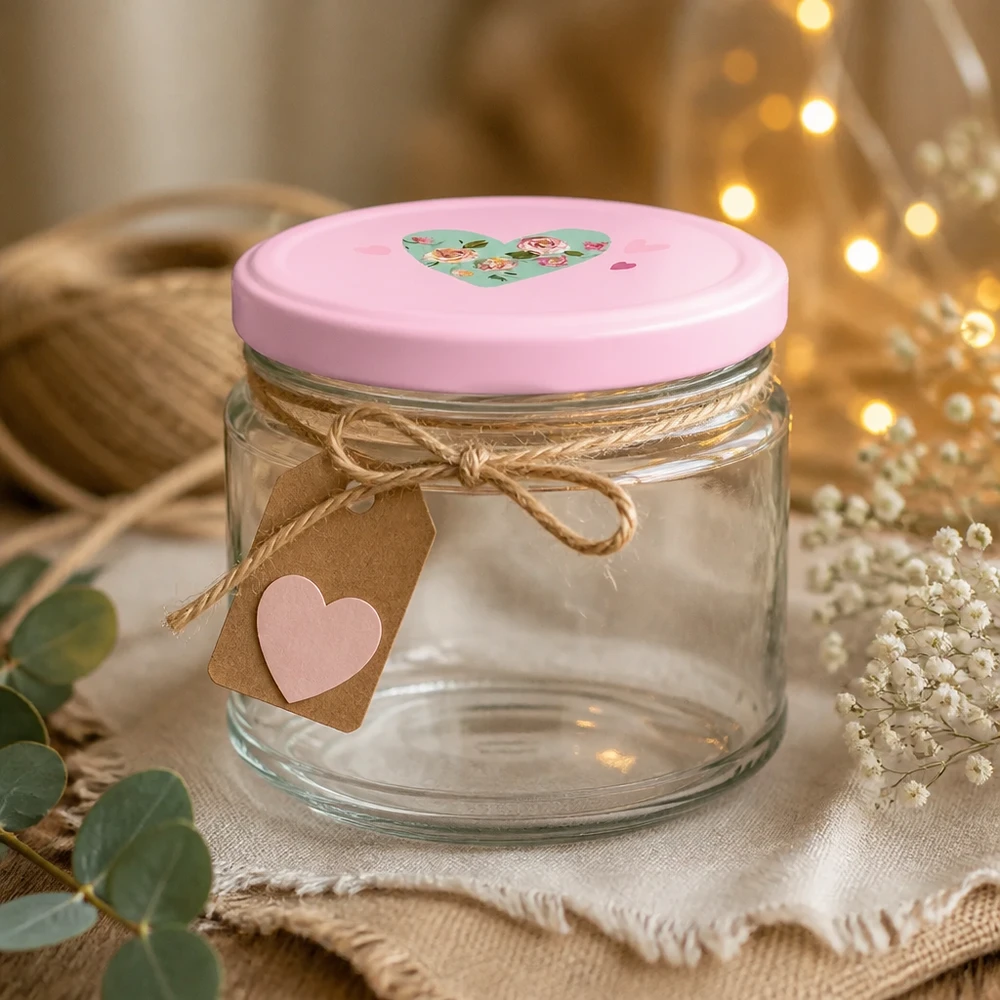 330ml Rundglas + BasicSeal Deckel Herz rosa UNiTWIST 330ml Rundglas mit rosa Herz-Deckel und Geschenkanhänger, dekorativ arrangiert mit Lichterkette und Trockenblumen