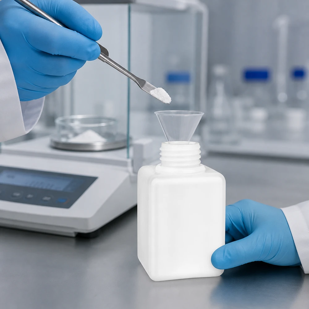 Conservation sécurisée de poudres de laboratoire dans un flacon carré en PE-HD à col étroit de 100 ml avec entonnoir GL 25