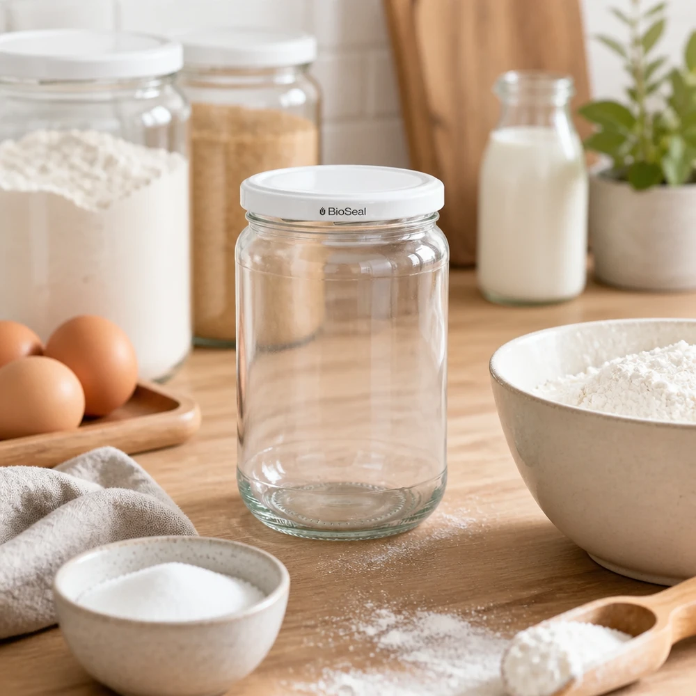 Barattolo per conserve UNiTWIST Runda305 con coperchio BioSeal bianco tra gli ingredienti da forno - ideale per farina e forniture da cucina