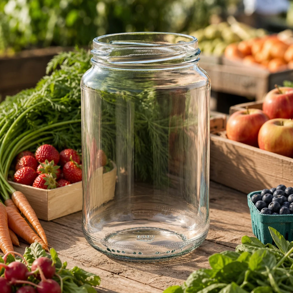 UNiTWIST Runda375 Rundglas 375ml TO63 auf Holztisch umgeben von frischem Gemüse Obst und Kräutern im Garten