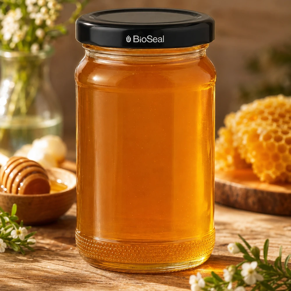 UNiTWIST Runda110 Honigglas gefüllt mit Honig und schwarzem TO48 BioSeal Deckel auf Holztisch mit Waben