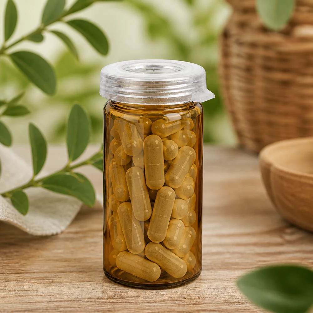 Pot à comprimés 5 ml en verre clair, avec bouchon à déclic Flacon à comprimés de couleur ambre de 5 ml contenant des gélules jaune doré, posé sur une surface en bois au décor naturel