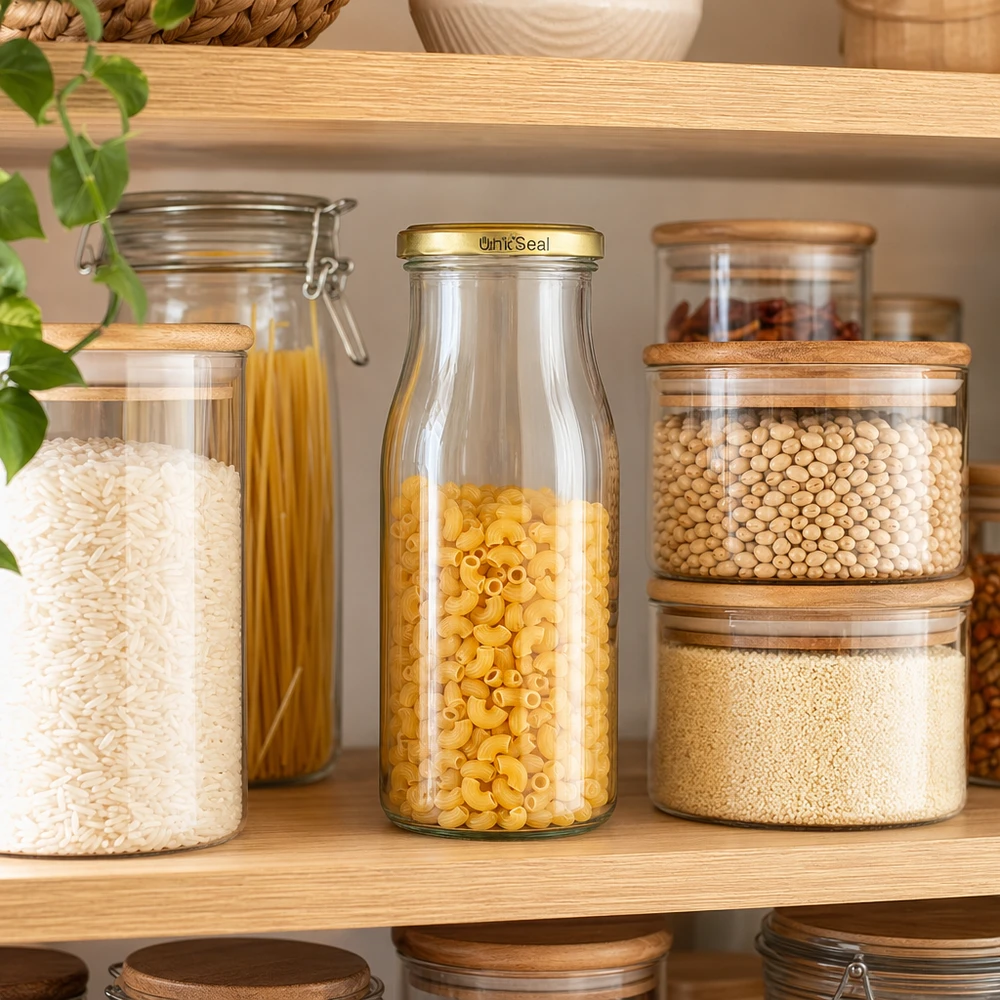 UNiTWIST Glasflasche 150ml goldener BioSeal Deckel mit Nudeln befüllt zwischen Vorratsgläsern Pantry Organisation