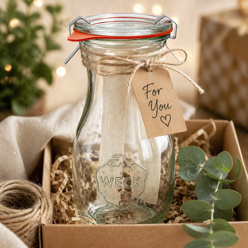 Bottiglia per succhi da 290 ml, set completo WECK RR60 Bottiglia di succo WECK da 290 ml RR60 in regalo, decorata con fiocco ed etichetta in una confezione regalo rustica