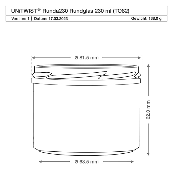 230ml Zylinderglas ohne Deckel (TO82) UNiTWIST