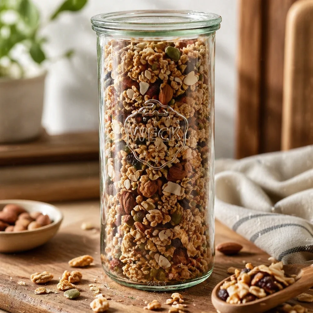 1500ml Sturzglas mit Glasdeckel WECK RR100 WECK Sturzglas 1500ml RR100 gefüllt mit Nüssen Müsli und Trockenfrüchten auf Holztisch Vorratsglas Küche