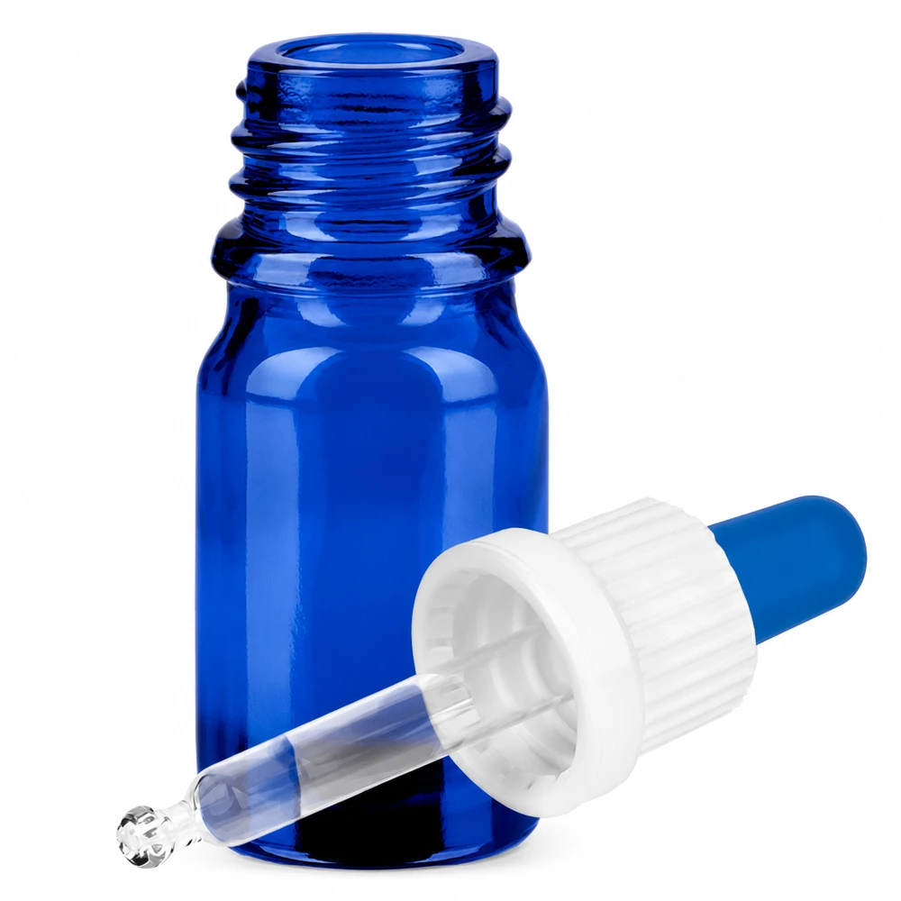 Flacone contagocce di alta qualità da 5 ml in vetro blu protetto dai raggi UV con attacco per pipetta