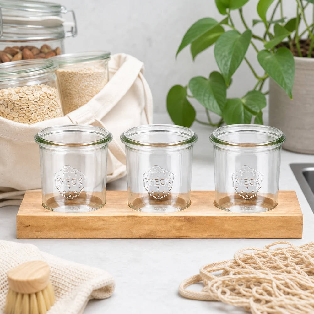 Tagliere Plano3 con 3 vasetti Weck da 140 ml Bicchieri vuoti WECK da 140 ml su tagliere in legno Plano3 in cucina sostenibile a rifiuti zero con fibre naturali