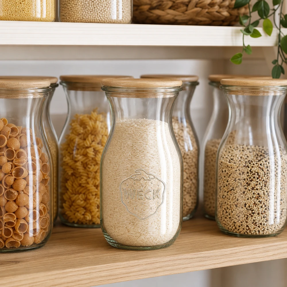 290ml Saftflasche Edition RR60 mit Holzdeckel WECK Saftflasche 290ml mit Holzdeckel als Vorratsjar für Reis in skandinavischer Pantry mit Getreidegläsern