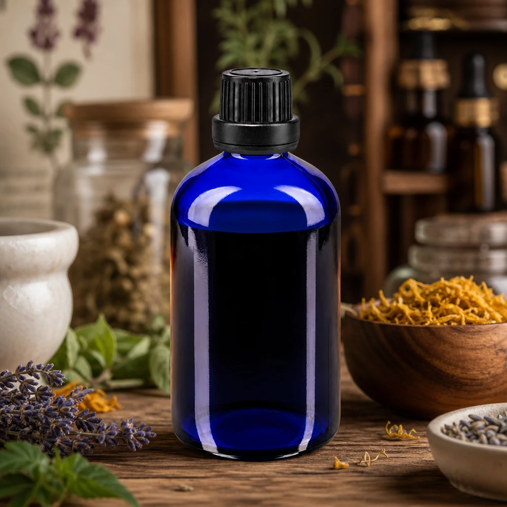 Flacon de pharmacie de 100 ml, bleu cobalt, muni d'un bouchon OV, contenant un mélange d'herbes médicinales et de lavande