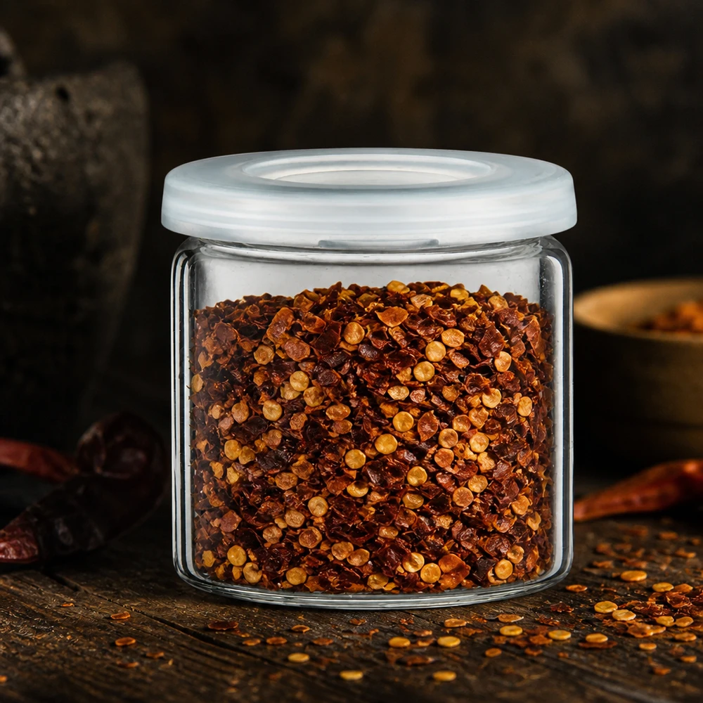 Piccolo vasetto cilindrico di vetro riempito fino all’orlo di fiocchi di peperoncino rosso e semi di peperoncino giallastri