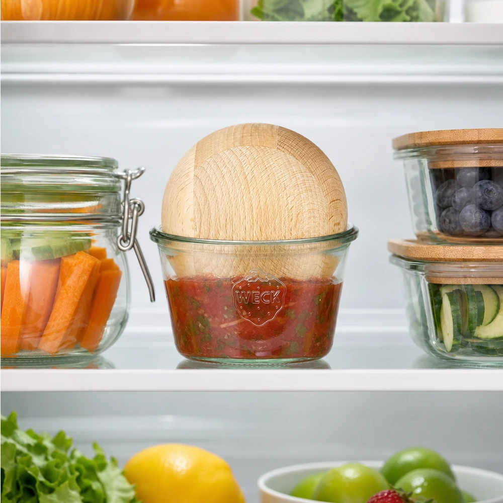 Bicchieri WECK RR100 da 370 ml con sfera in legno di faggio WECK RR100 Vaso per la conservazione in frigorifero 370ml Salsa Dip Palla di faggio accanto a verdure e ingredienti freschi