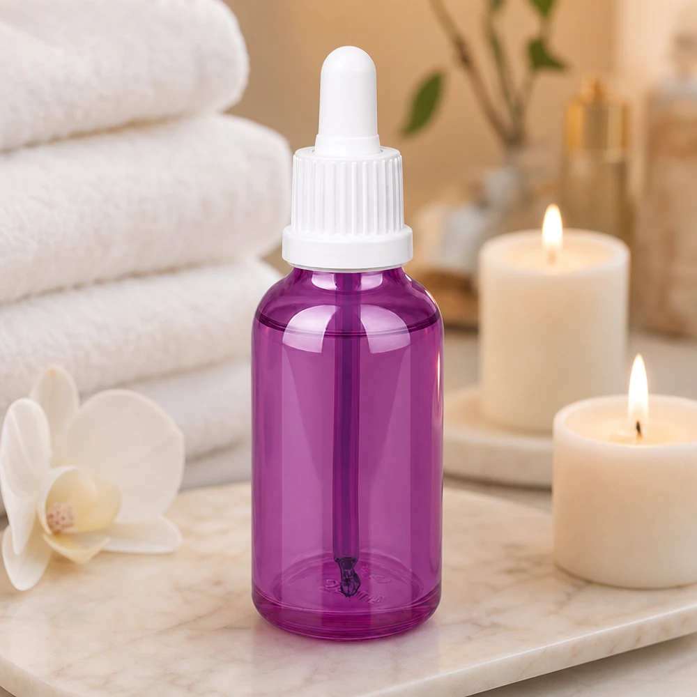 30ml Pipettenflasche weiss Originalität Schraubverschlusserschluss PurpleLine UT18/30 30ml Pipettenflasche in violett mit weißem Gummipipettenverschluss für Spa und Beauty Anwendungen