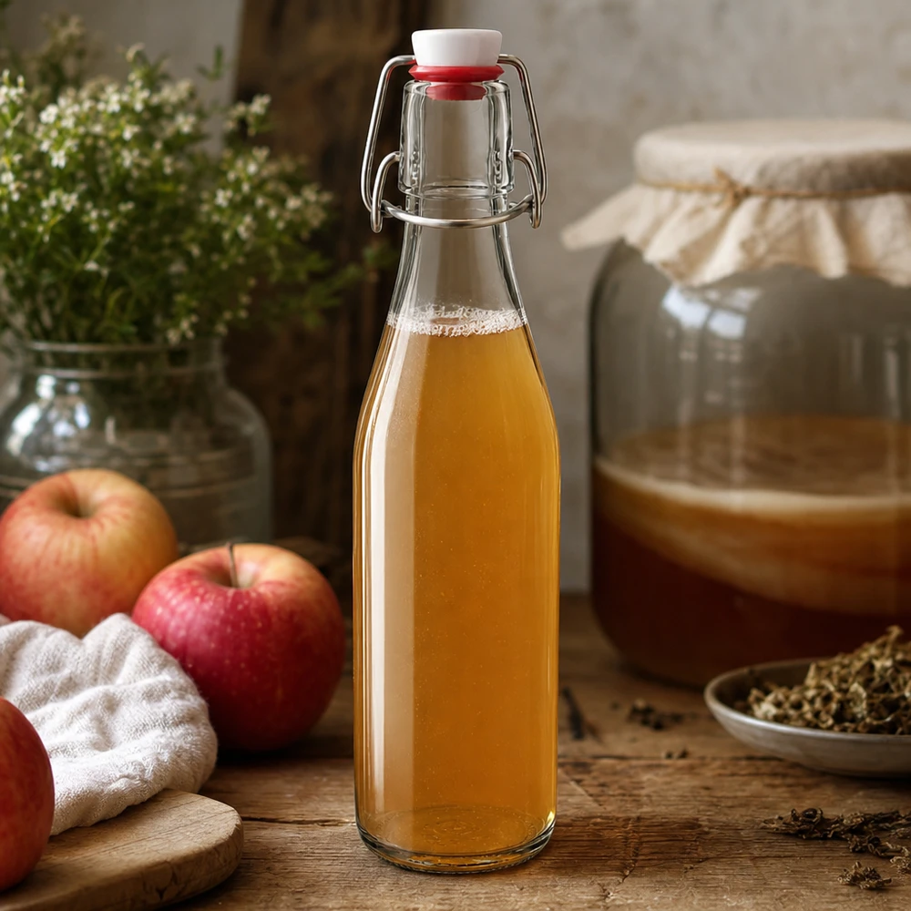 Bottiglia in vetro da 250 ml con tappo a battente riempita di aceto di sidro di mele, scena di cucina rustica con mele rosse e spezie