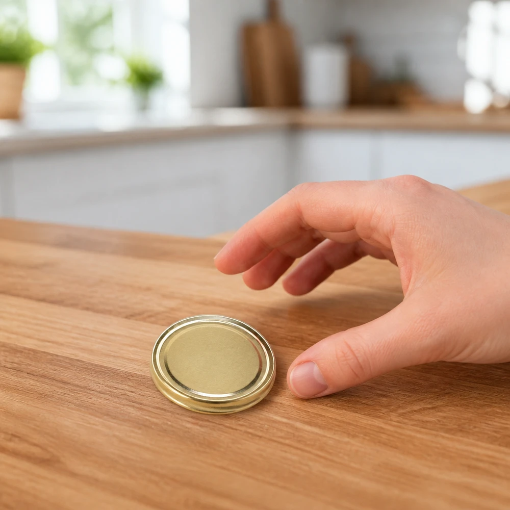58mm Twist-Off-Deckel gold auf Küchenarbeitsplatte aus Holz UNiTWIST BPA-NI BioSeal