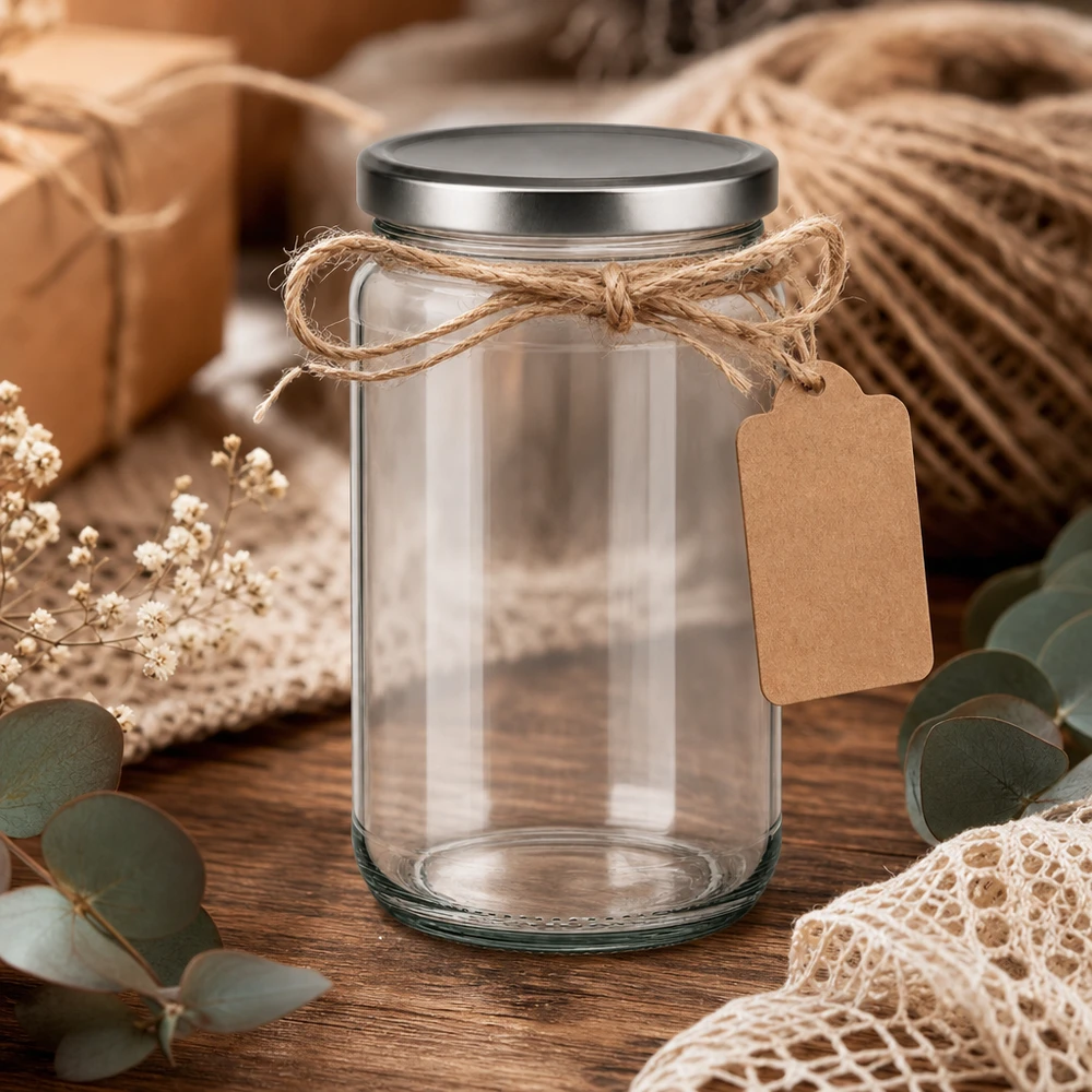 Barattolo rotondo da 305 ml con coperchio BasicSeal in argento decorato con corda di iuta ed etichetta in carta kraft su un tavolo di legno rustico