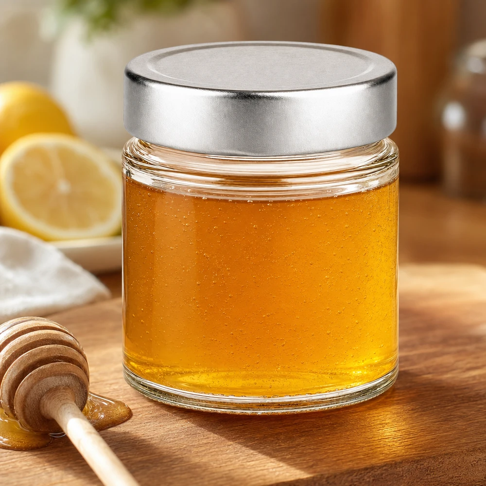 135ml barattolo rotondo coperchio argento pieno di miele dorato cucchiaio di miele limone cucina naturale barattolo alimentare
