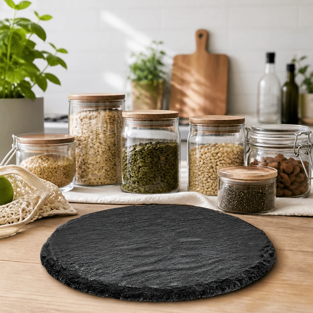 Lastra di ardesia rotonda di 150 mm su tavolo di legno in una cucina sostenibile a rifiuti zero con vasi di stoccaggio ed erbe aromatiche