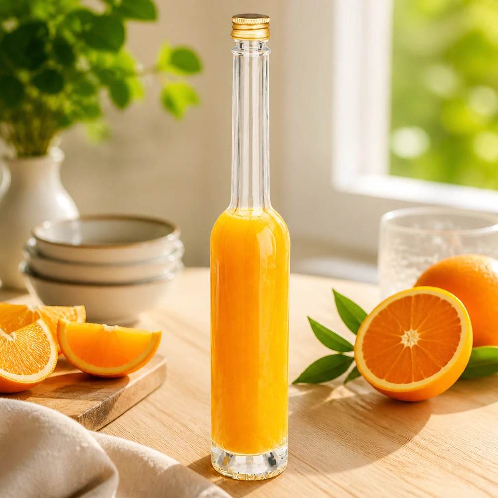 Bottiglia di vetro da 100 ml Toni riempita di succo d'arancia - tappo a vite dorato UNiTWIST in cucina scenario con arance fresche